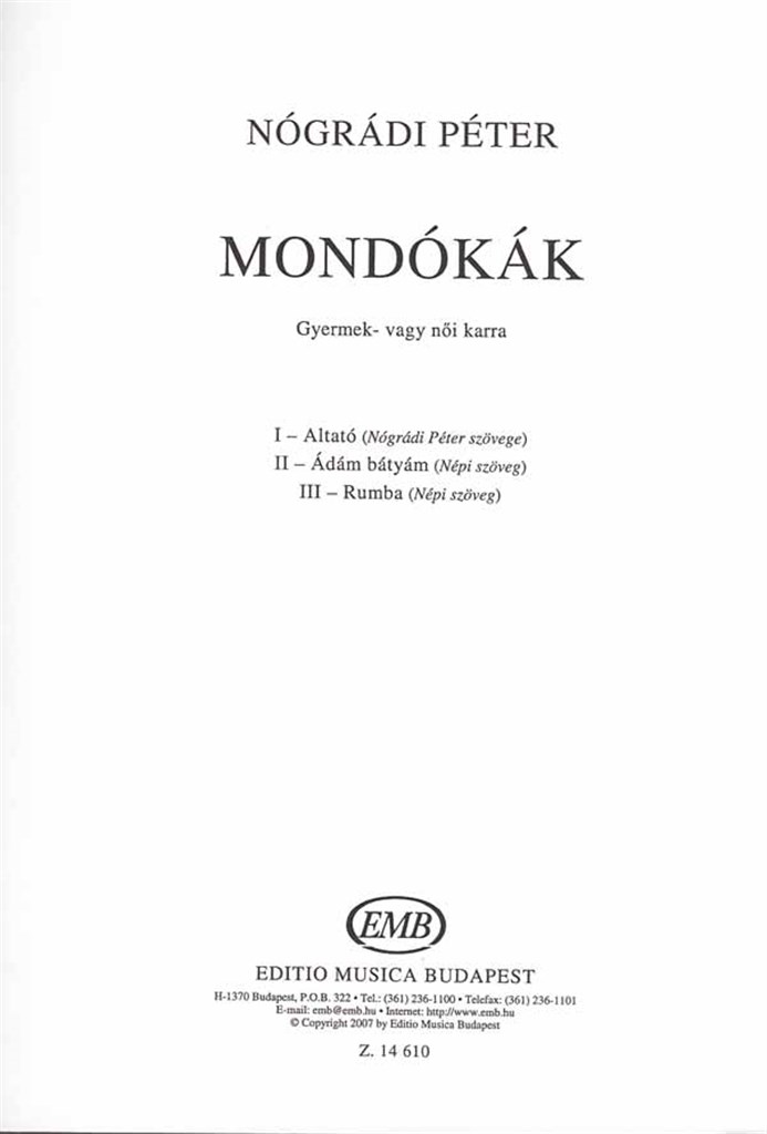 Mondókák gyermek- vagy nöi karra
